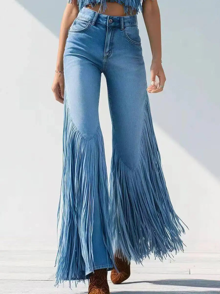 Dark Blue Loose Asymmetrical Tassel Denim Jeans For Women