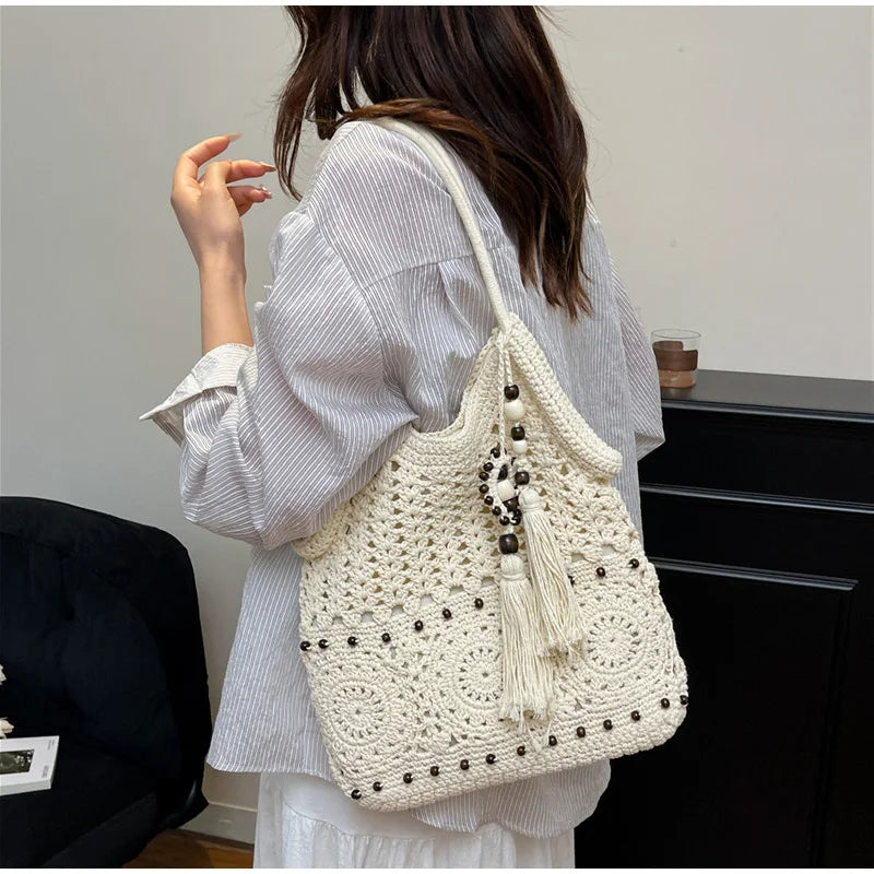Hollow Crochet Women Bags Bohemian Large Capacity Handbags Korean Popular Bag New Tassel Cotton Shopping Bag Shoulder Bag Women