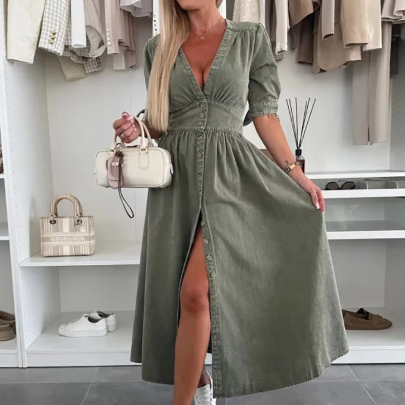 Spring Summer V Neck Fashion Maxi Dress, Women Half Sleeve Elegant Simple Party Dress, Single-Breasted Chic Ladies Dress Vestido