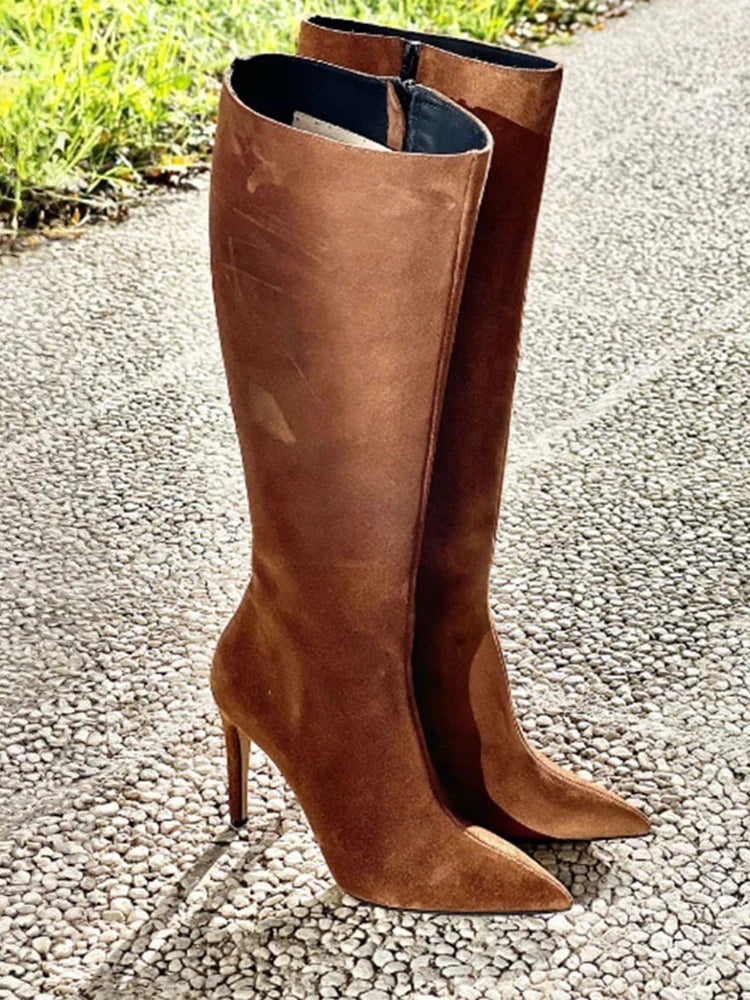 Sleek Suede Pointed Toe Side Zip Knee High Boots For Women