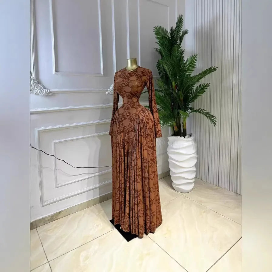 Elegant Pleated O Neck Long Sleeve Maxi Dress For Women