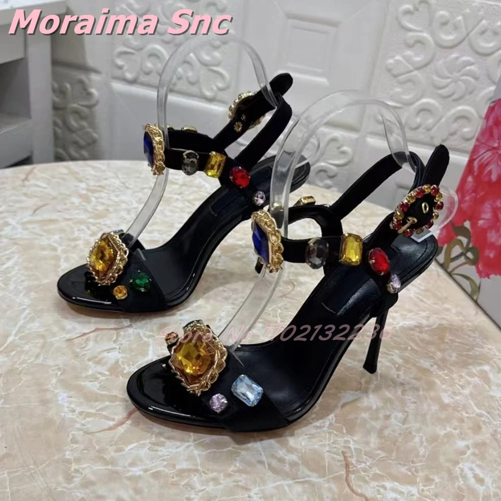 Elegant Satin Crystal Buckle Strap Square Heel Sandals for Women