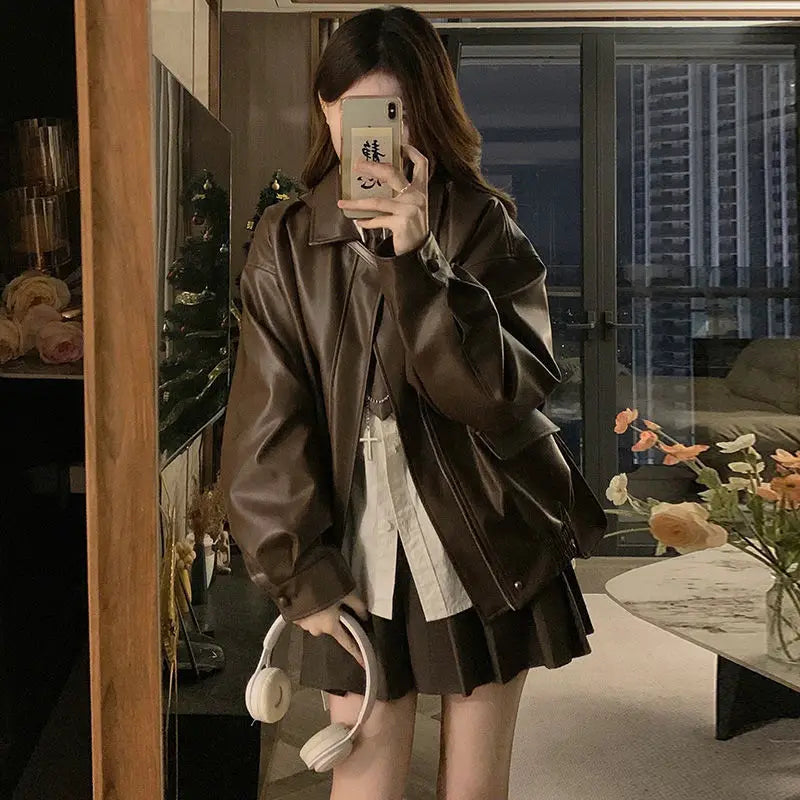 Short American Retro PU Leather Baseball Jacket for Women