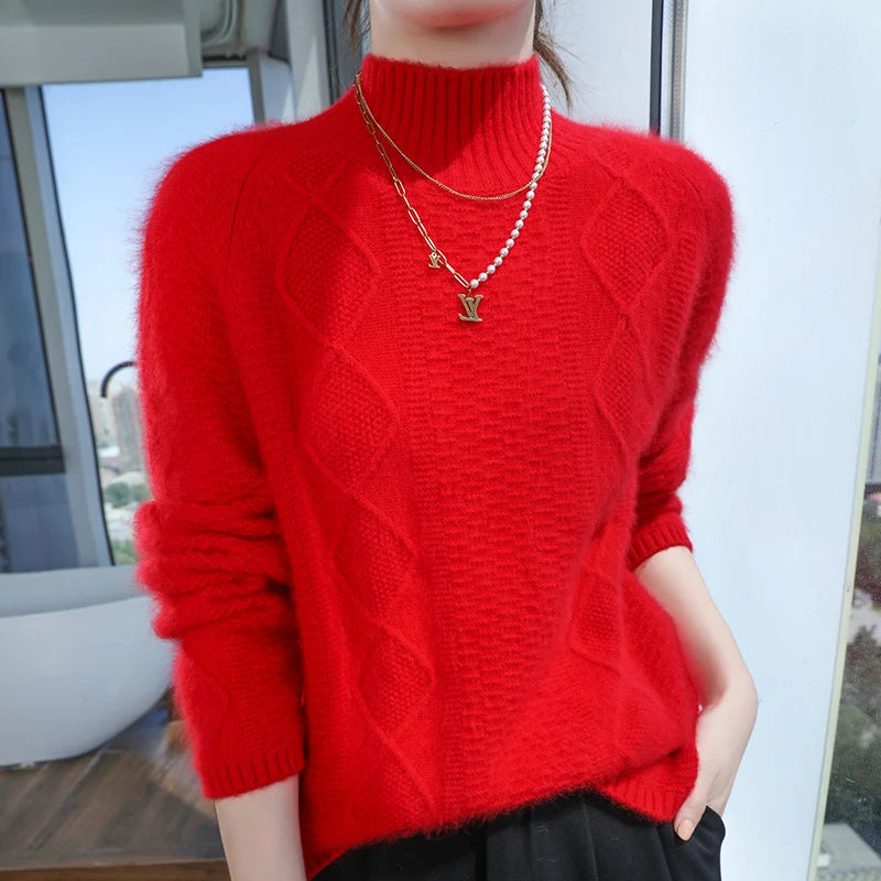 Floral Jacquard Long Sleeve High Neck Knit Sweater for Women
