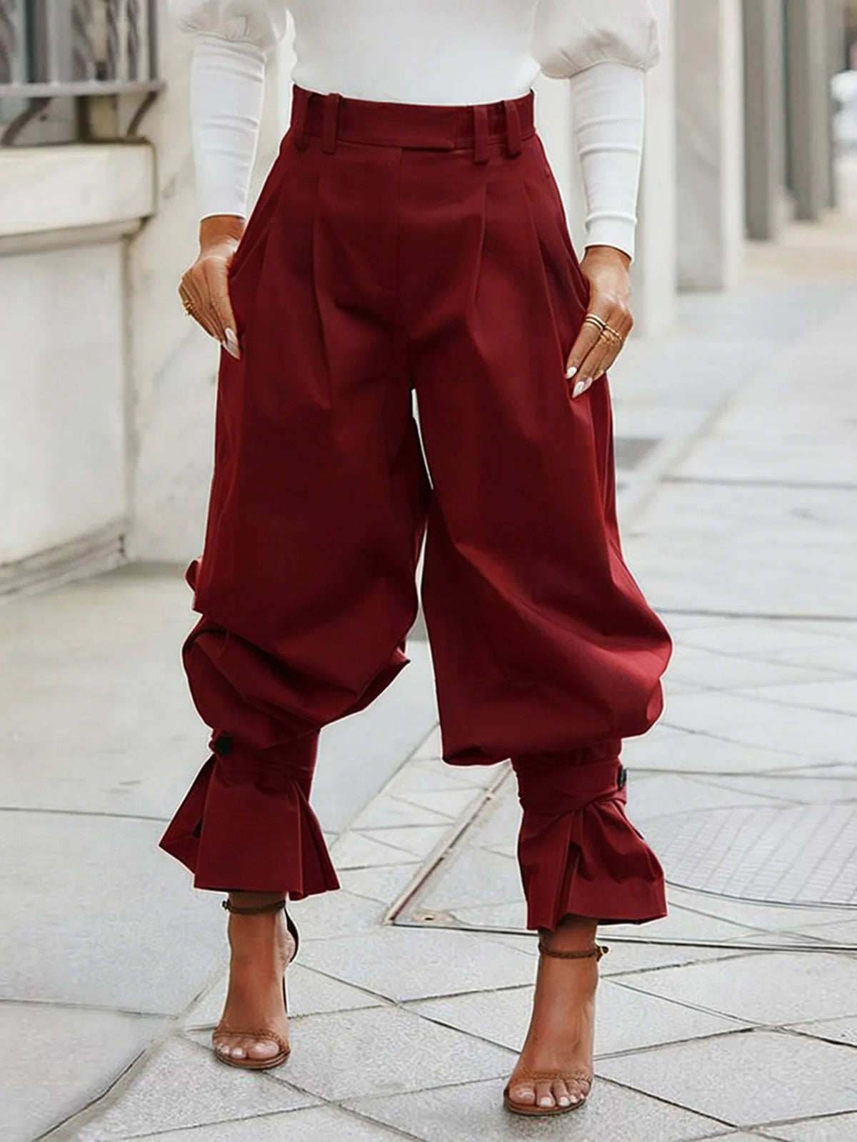 Ruched Stretch Wide Leg Casual Work Trousers for Women