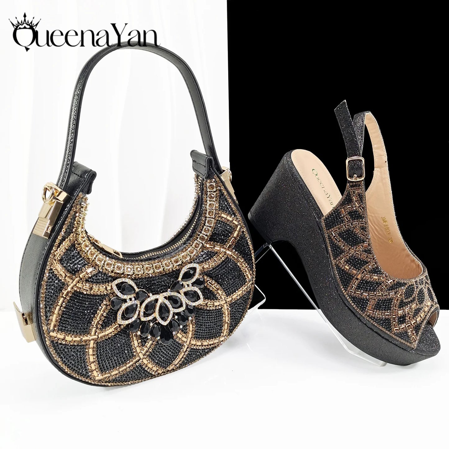 Queena Yan 2025 Italian design full rhinestone detailing comfort platform heels and matching bag Women's Fashion Peep Toe Shoes