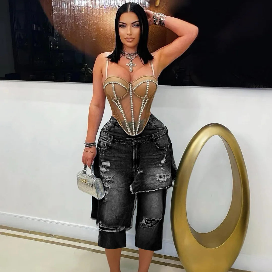 Ripped Ruffle High Waisted Denim Cargo Shorts for Women