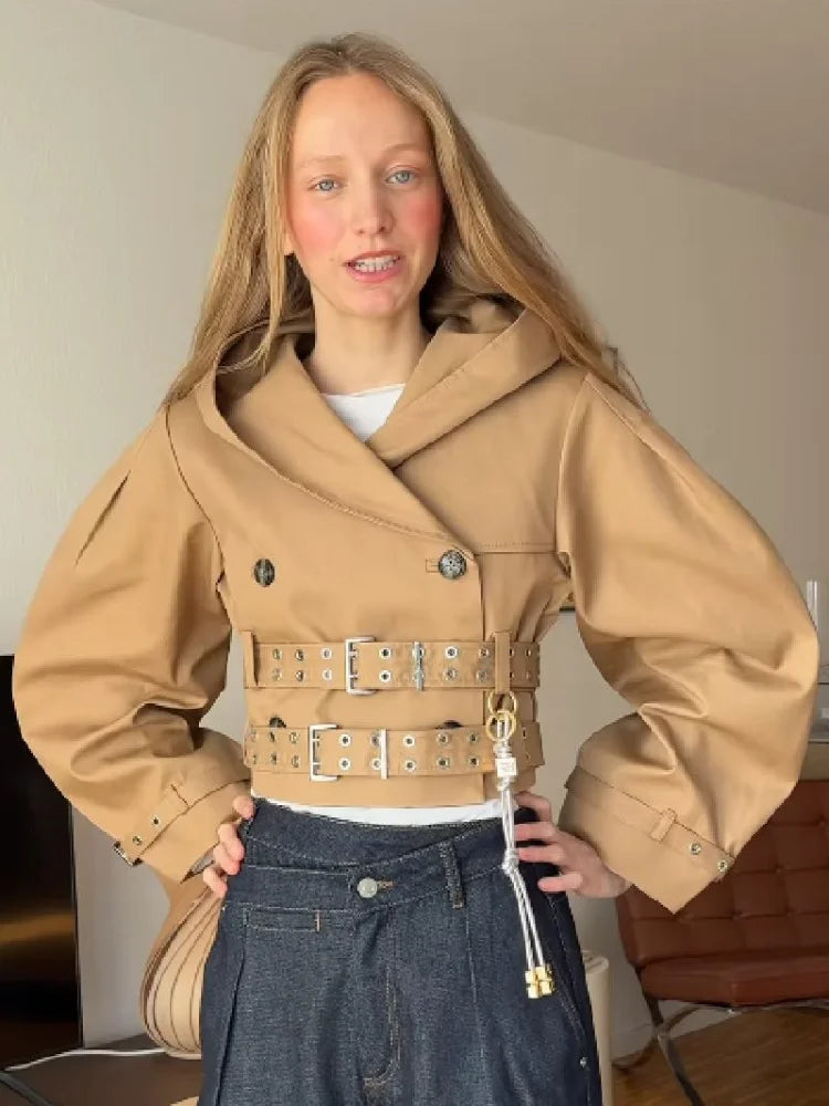 Chic Punk Trench Coat For Women Full Sleeve Loose Hooded Crop Jacket Lapel Bat Sleeve Long Coats 2025 New Lady Y2k Fall Outwears