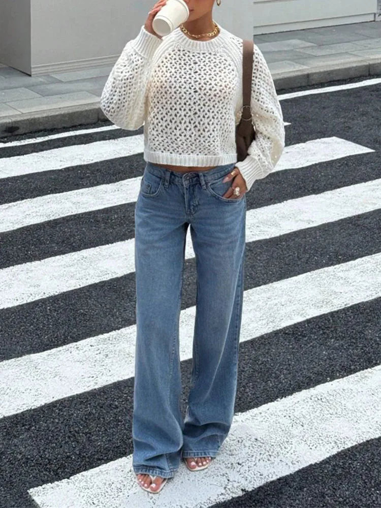 Long Sleeve Sheer Open Back Knit Sweater for Women