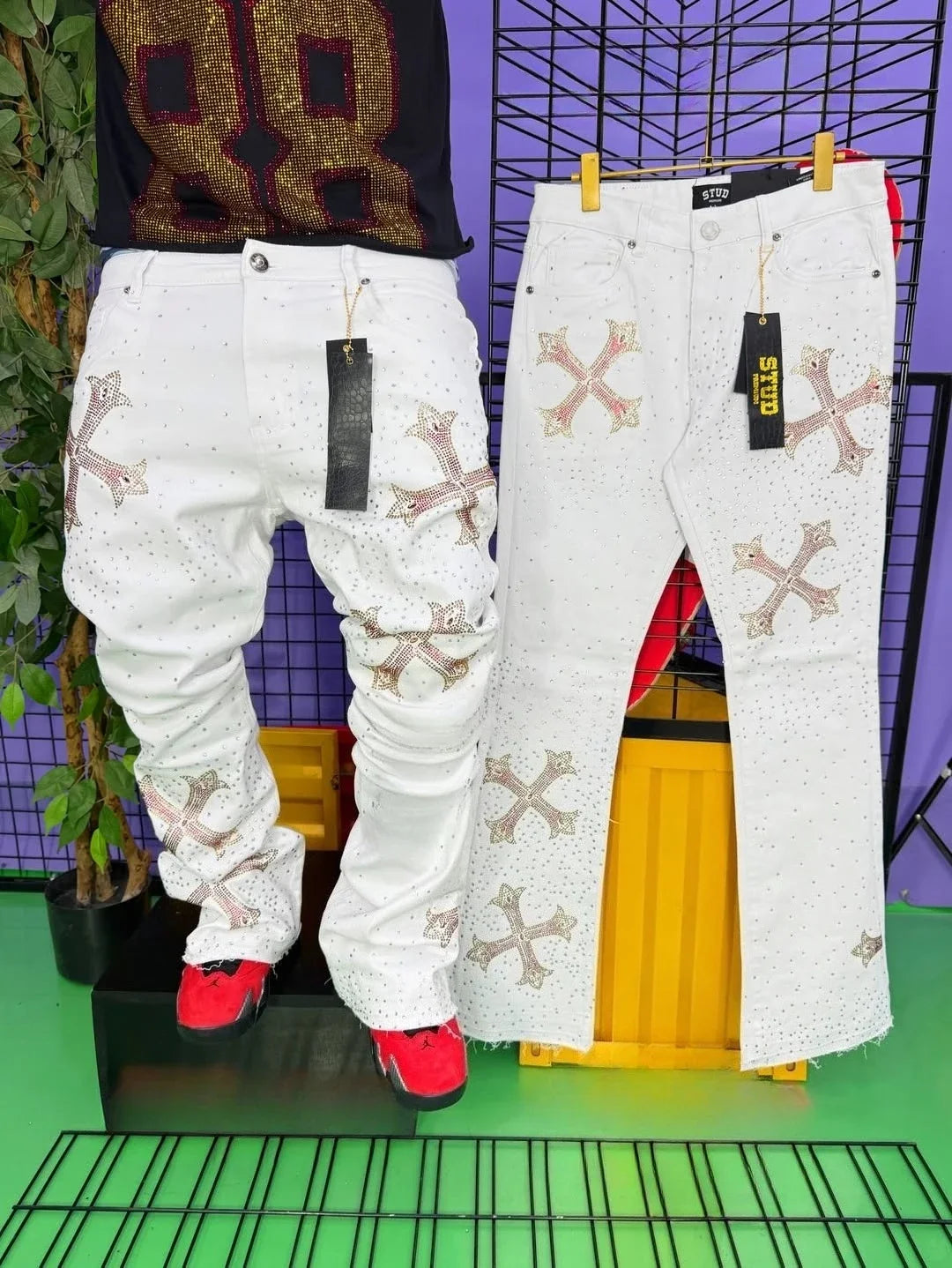 High Waist Polka Dot Wide Leg Metal Eyelet Cutout Jeans for Women