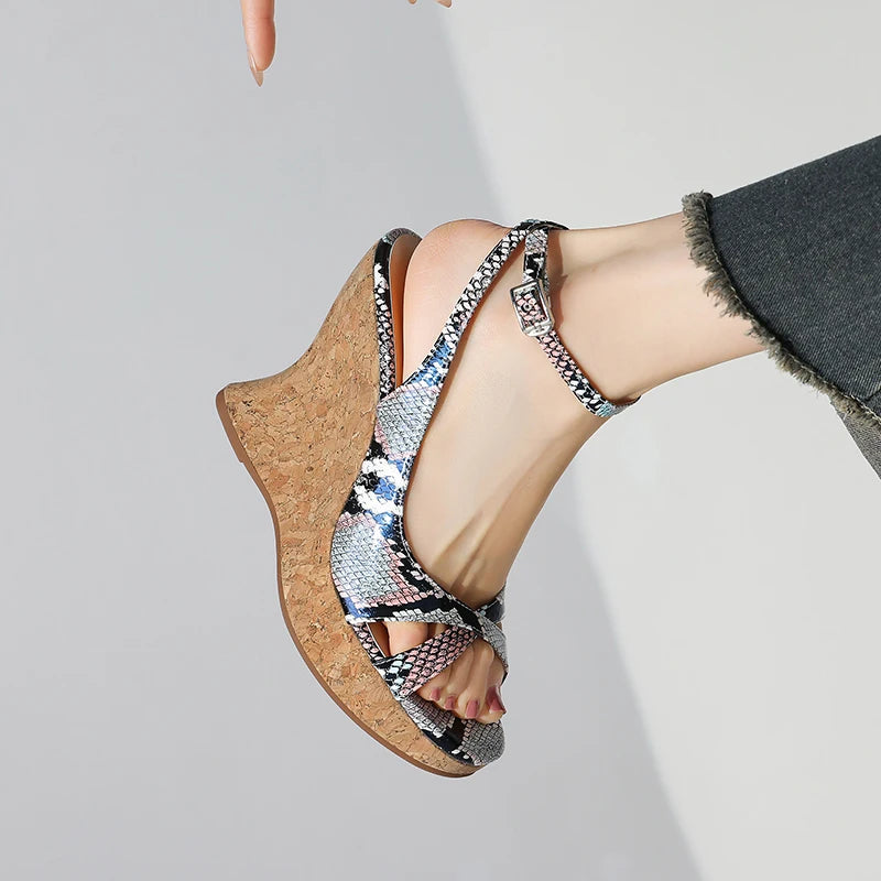 Snakegrain Textured Buckle Platform Wedge Sandals for Women