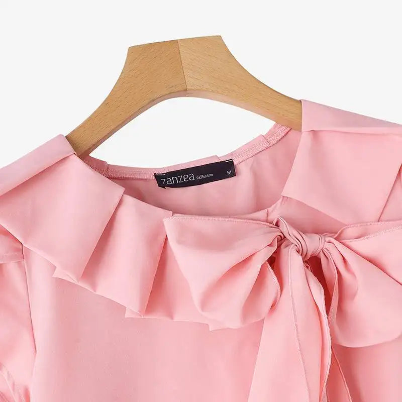 ZANZEA Women Short Sleeve Blouse Elegant Round Neck Tunics Office Lady Bowknot Stitching Shirt Casual Loose Solid Twisted Tops