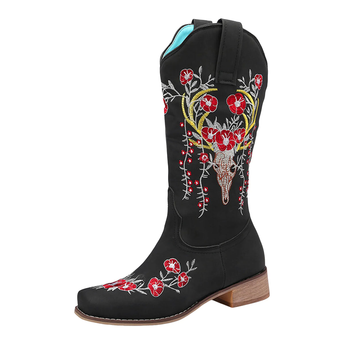 Floral Embroidered Mid-Calf Western Boots for Women