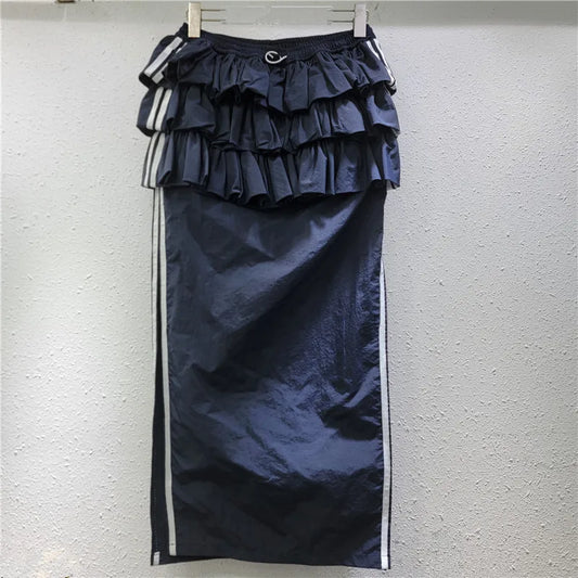 YEAE women's 2025 spring new temperament cake  splicing tooling one-step skirt medium and long skirt