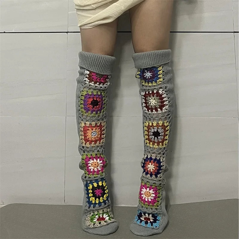 Ethnic Crochet Knit Autumn Winter Thigh High Socks for Women