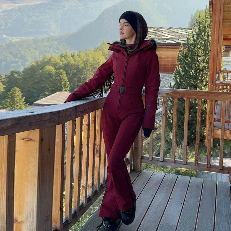 Tassel Red Slim Long Sleeve Stand Collar Wide Leg Jumpsuit for Women