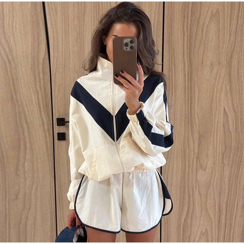 Color Block Zip Jacket and Shorts Tracksuit for Women