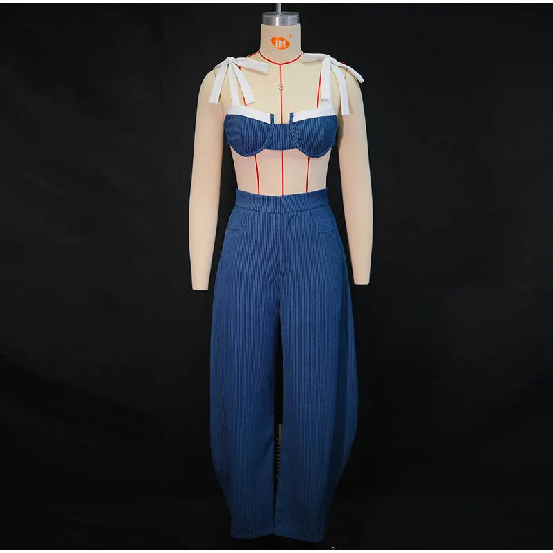 Contrast Striped Cotton Bralette And Pants Outfit for Women