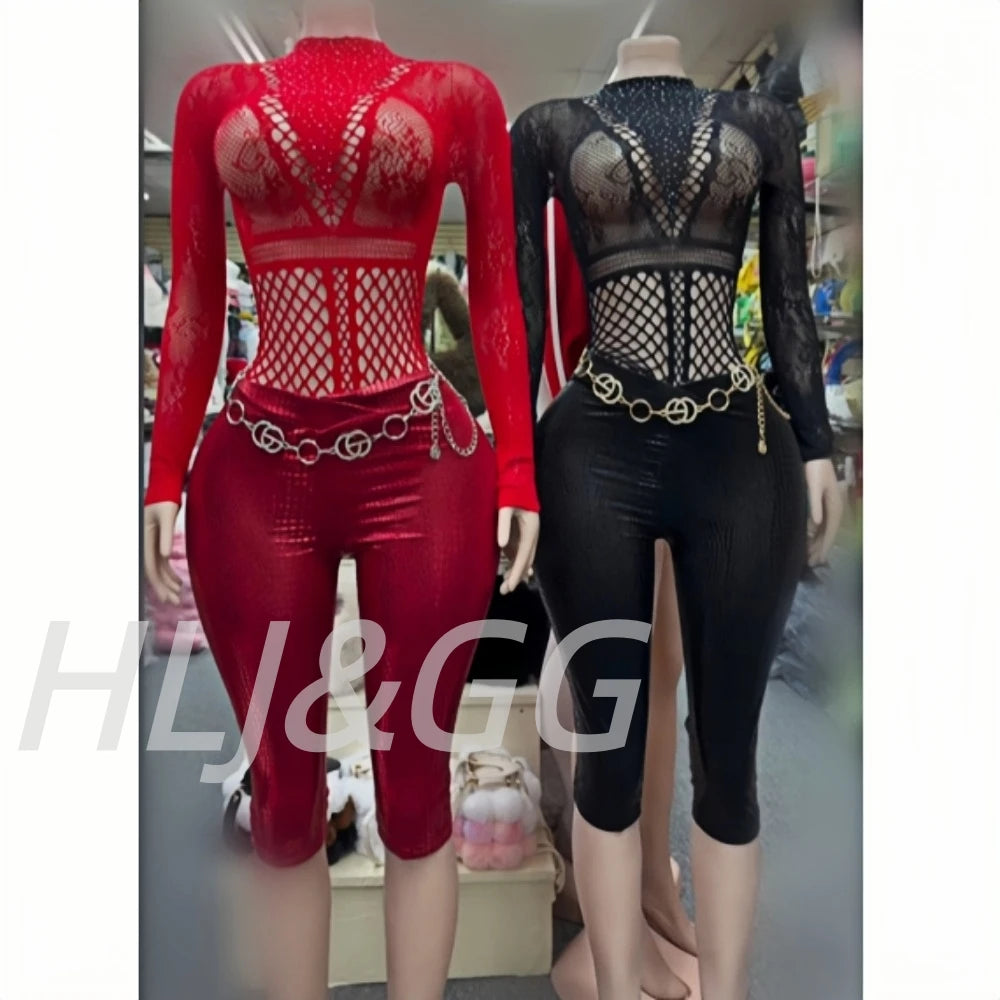 Sexy Rhinestone Mesh Two-Piece Bodysuit Set for Women