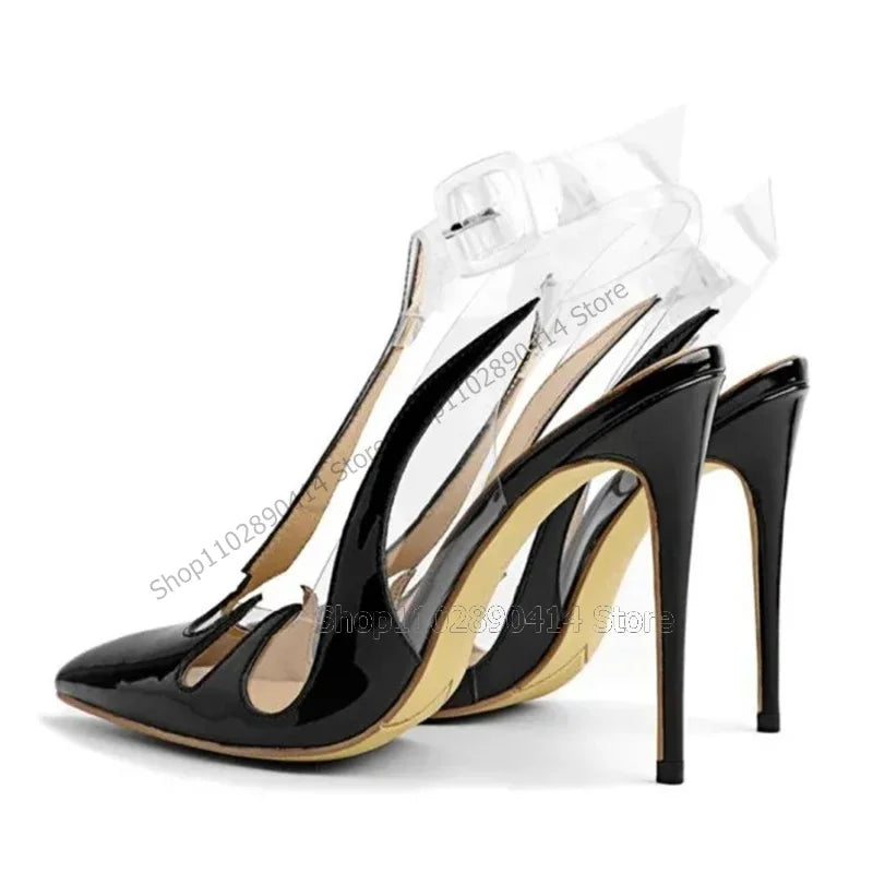 Black Totem Design Hollow Cut Ankle Strap Pumps For Women