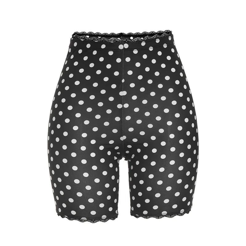 Polka Dot Lace Edge Stretchy Moto Biker Shorts for Women