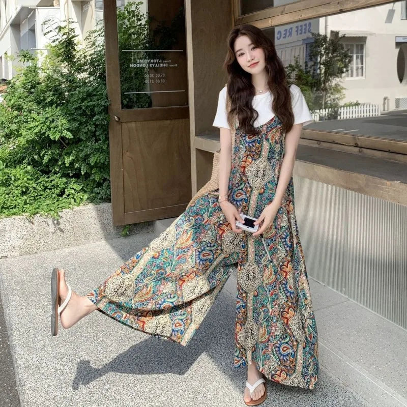 Vintage Bohemian Printed Wide Leg Casual Jumpsuit For Women