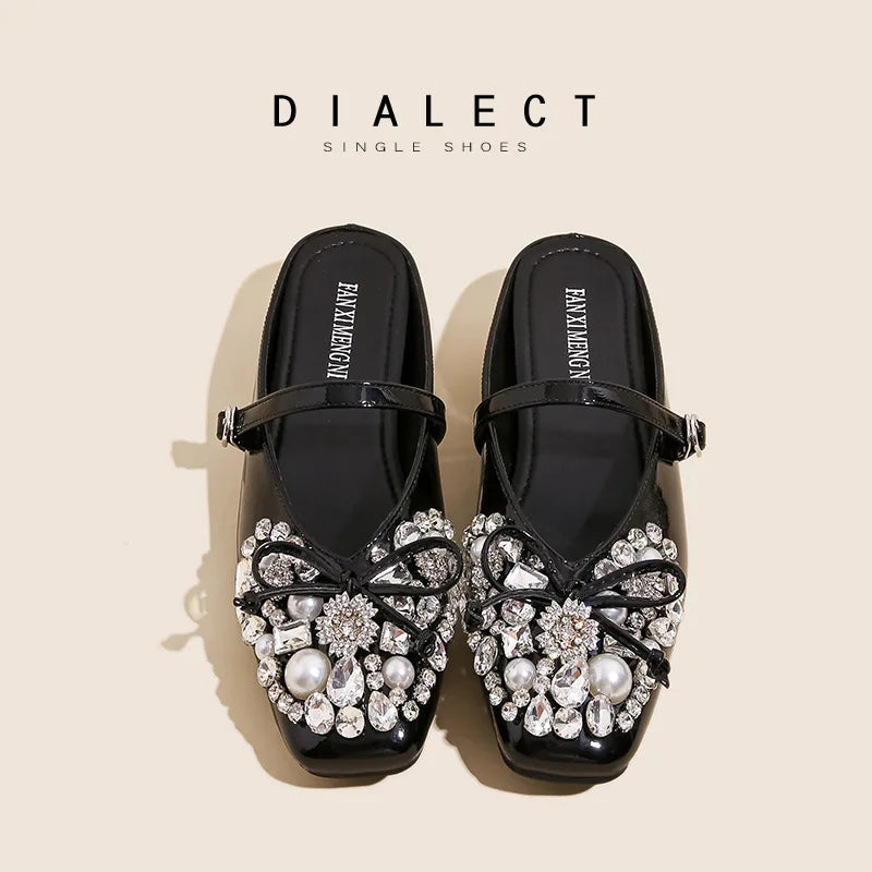 Pearl Bow Embellished Square Toe Flat Shoes For Women