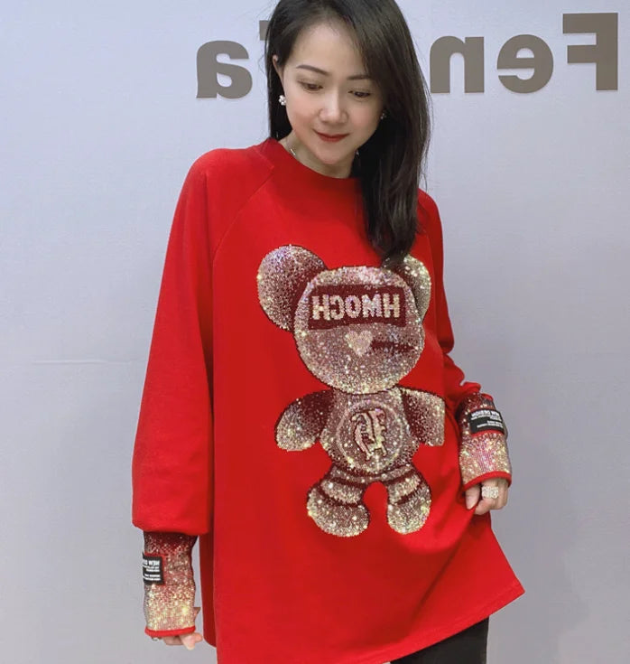 Loose Inner Wear Black T-shirt Women Spring Autumn Rhinestone Long-Sleeved Shirt Thickened Brushed Cotton Bottoming Top Female