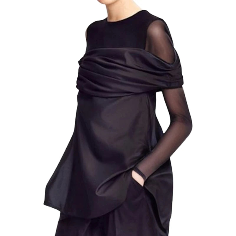 Beautyblue False Two Long Sleeves Tops Women Clothing 2025 New Spring See-Through Round-Neck Slimming Skinny T-Shirts Black Tee