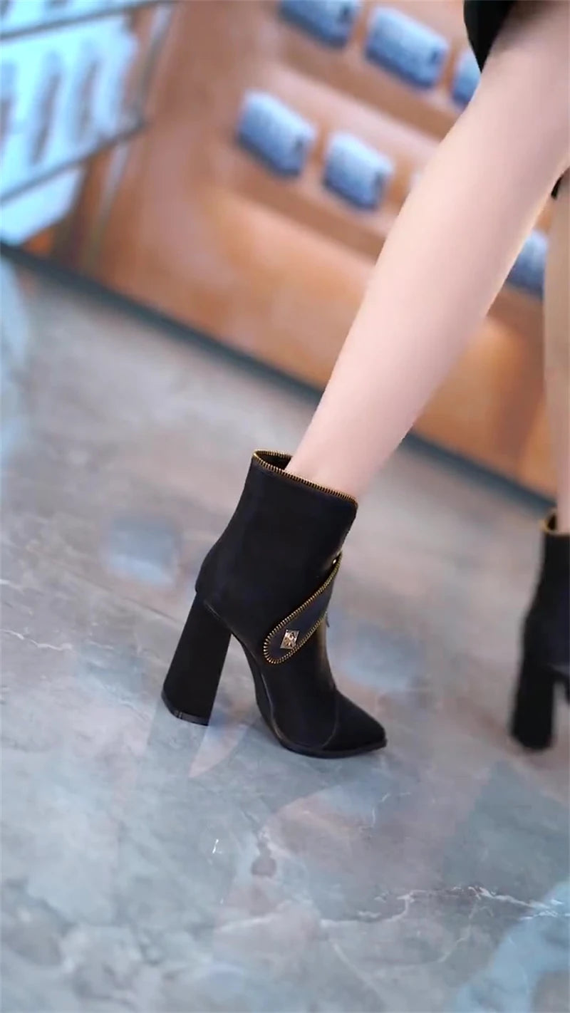 Chunky Heel Pointed Toe Front Zipper Ankle Boots for Women