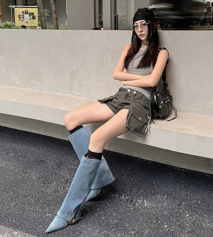 Design Women Metal High Heel Pointed Toe Belt Buckle Knee High Boots Sexy Women Pointy Gold Belt Buckle Knee Boots Plus Size 46