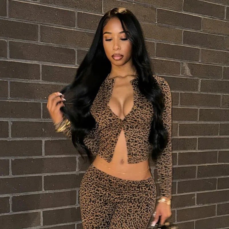 FAGADOER Fashion Leopard Print 2 Piece Sets Women Outfit Long Sleeve Crop Top + Low Waist Skinny Pants Suits Female Streetwear
