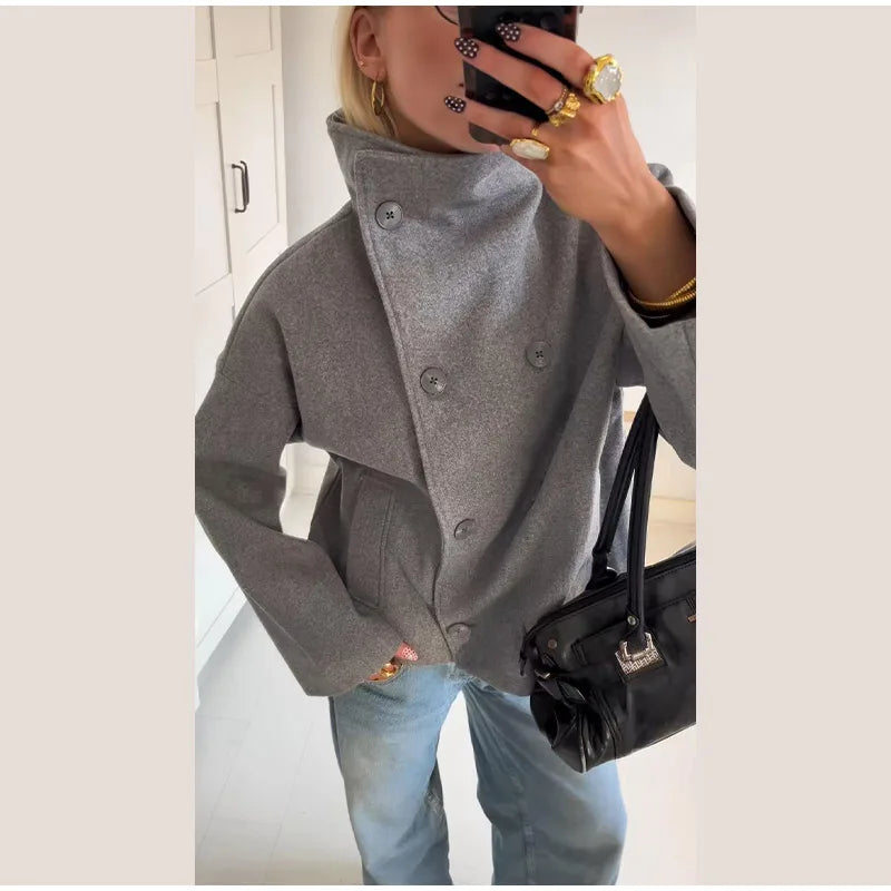 Solid Double Breasted Stand Collar Long Sleeve Overcoat for Women