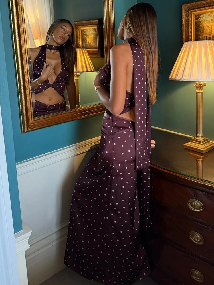 Elegant Polka Dot Halter Top And Long Skirt Set for Women