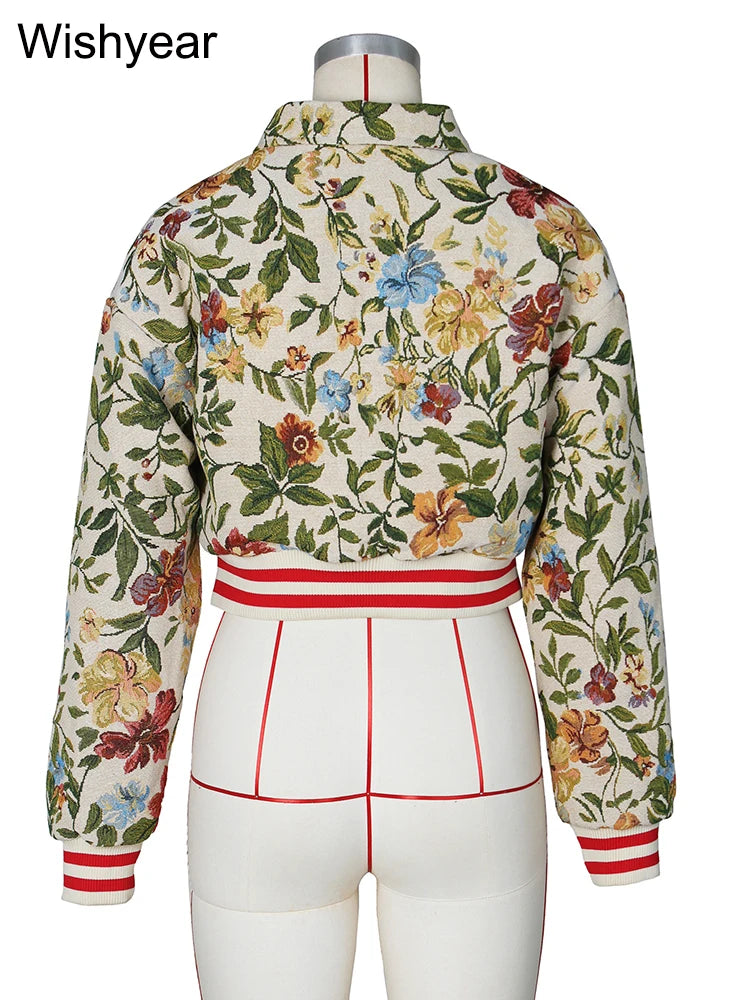 Vintage Print Button Up Baseball Jacket for Women
