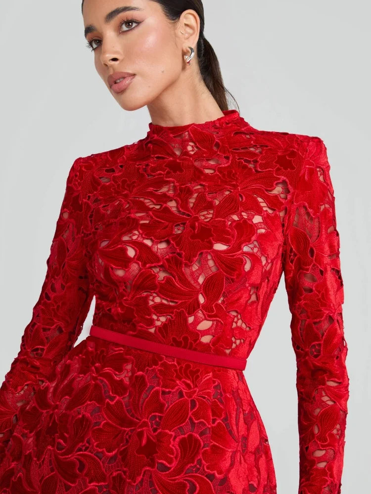 Retro Glamour Red Lace Waist-Cinched Mini Dress for Women