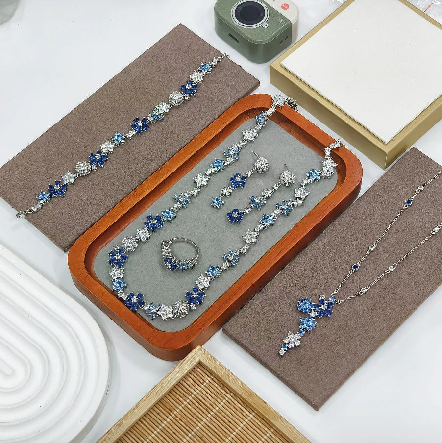 Vintage Blue Floral Zircon Necklace and Bracelet Set for Women