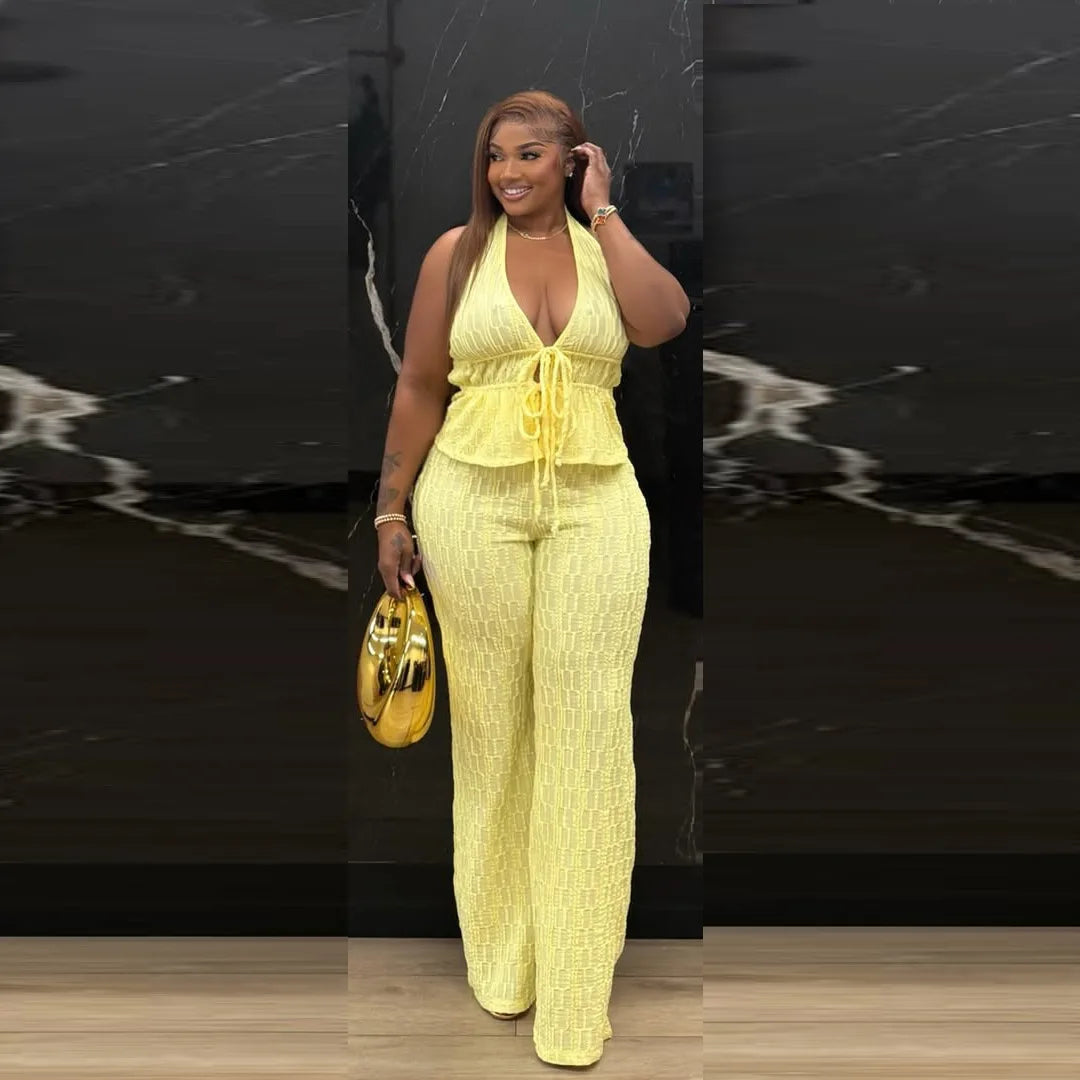 Casual Jacquard Halter Top and Wide Leg Pants Set for Women