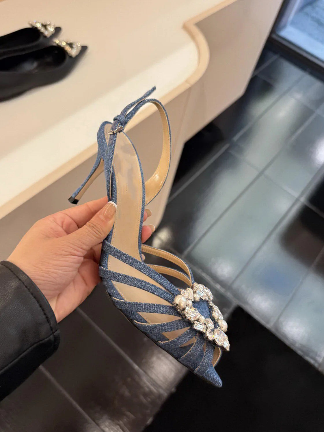 Crystal Heart Buckled Caged Leather Low Heel Pointed Toe Sandals For Women