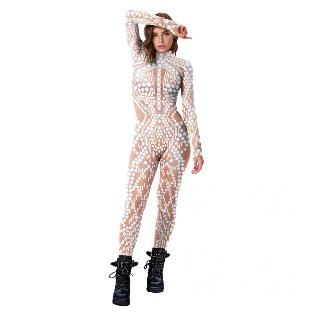Elegant Skin Color Rhinestone Print Jumpsuit for Women