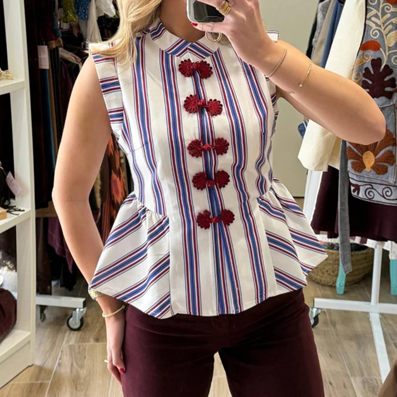 Striped Mandarin Collar Peplum With Button Front Top for Women