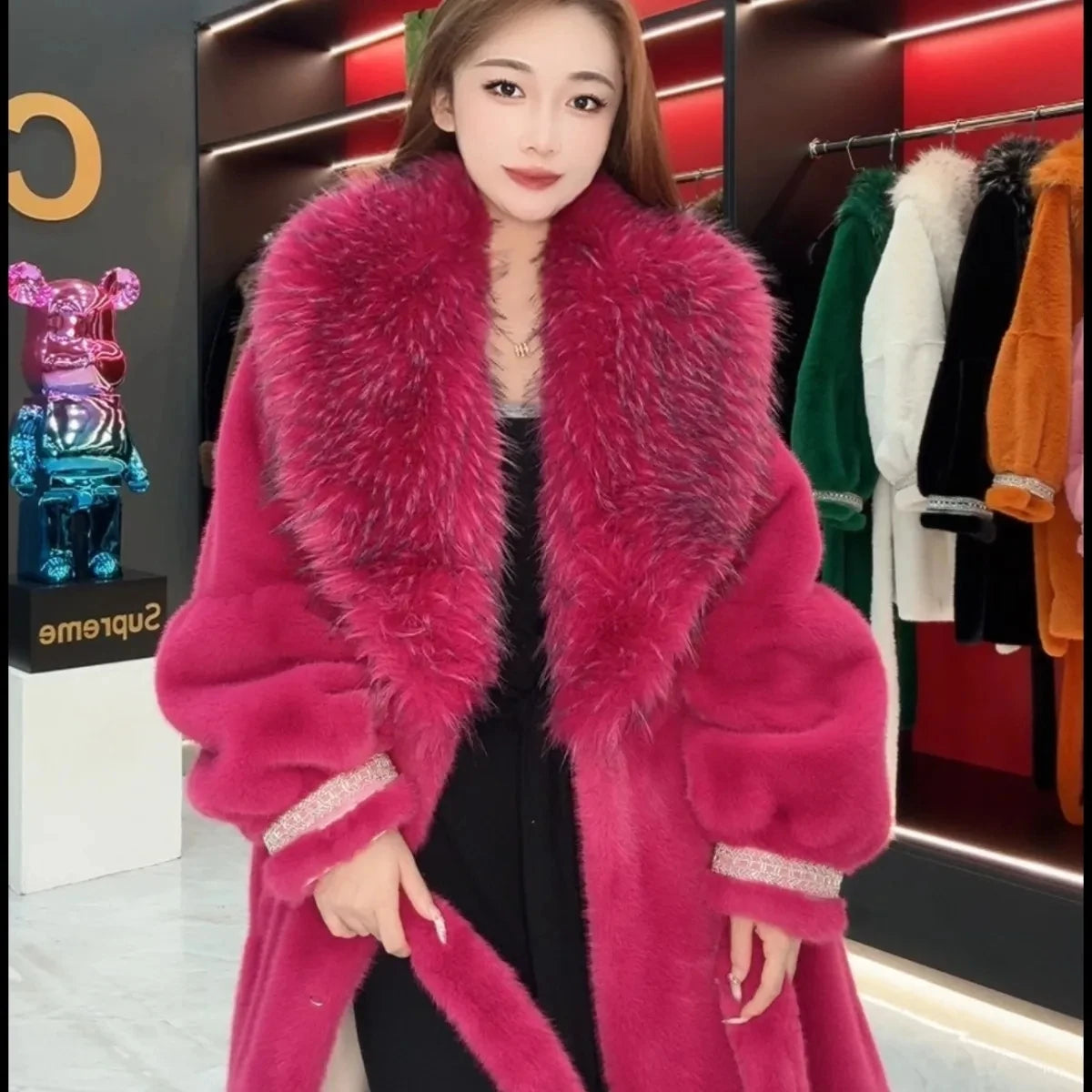 Faux Fur Coat for Women,Turn-down Collar,Loose Thicken Warm Jacket,Female Clothes,Adjustable Waist,New ,Winter