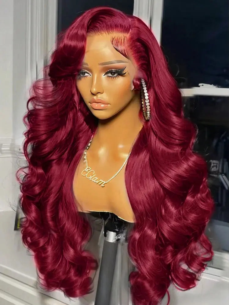 Long Burgundy Body Wave Brazilian Human Hair Wig for Women