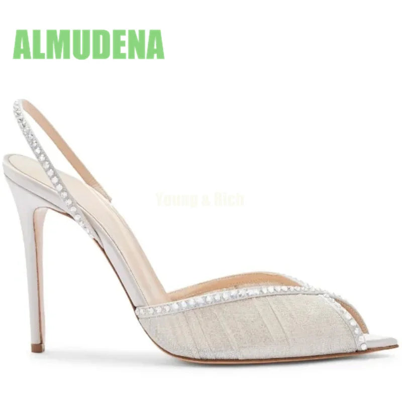 Pointed Toe Pleated Lace Rhinestone Buckle Slim Heels for Women