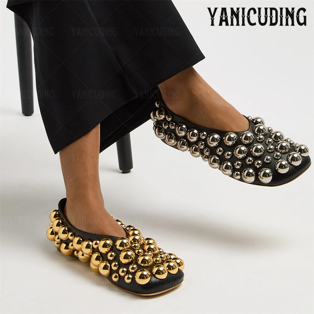 Metallic Stud Embellished Square Toe Ballet Flats for Women