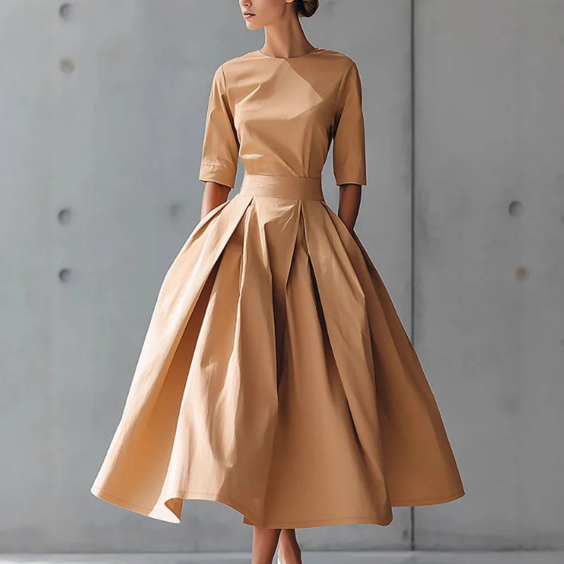 2026 Spring New O Neck Swing Long Party Dress Woman Casual Solid High Waist Pocket Pleated Dress Fall 3/4 Sleeve Boho Maxi Dress