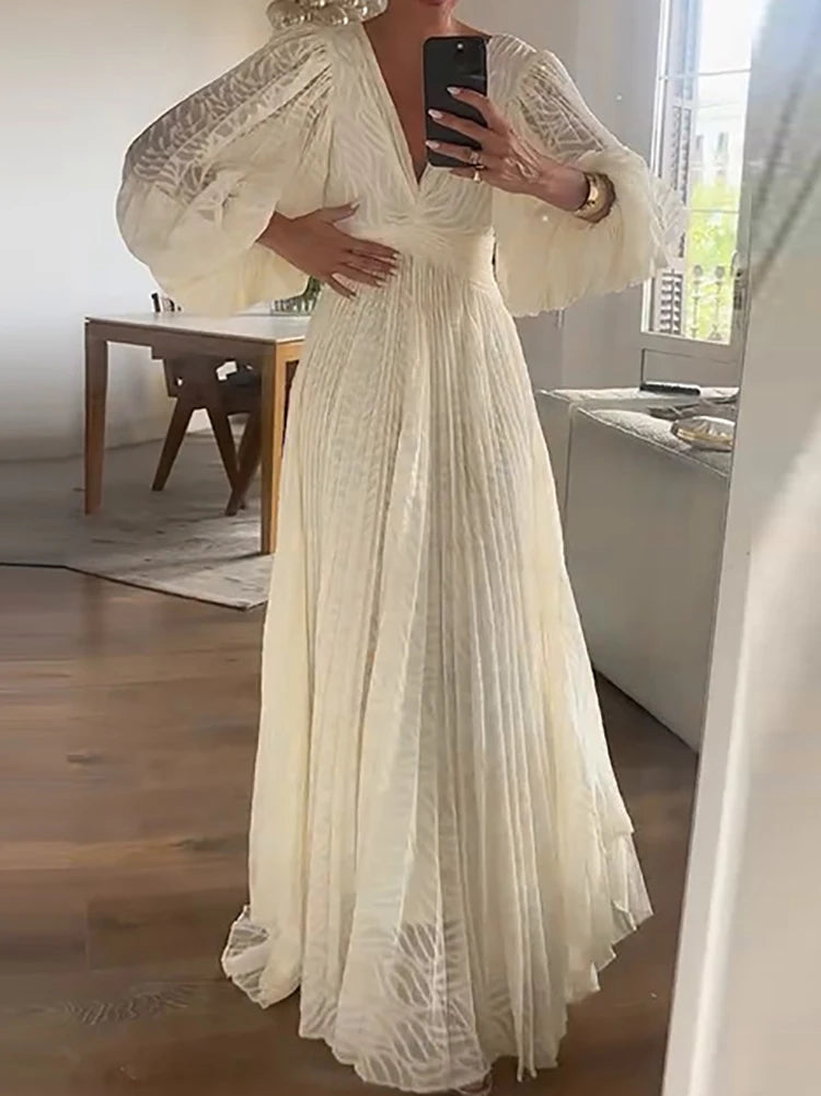 Hollow Lace Up Backless Lantern Sleeves Evening Dress for Women