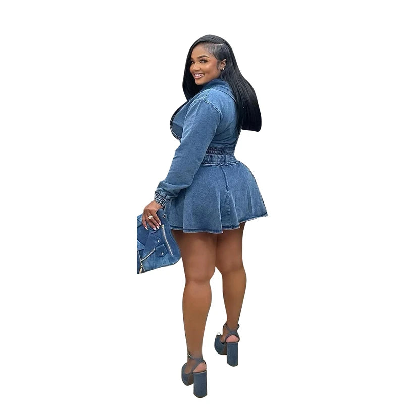 Hooded Denim Crop Top And Pleated Skirt Set for Women