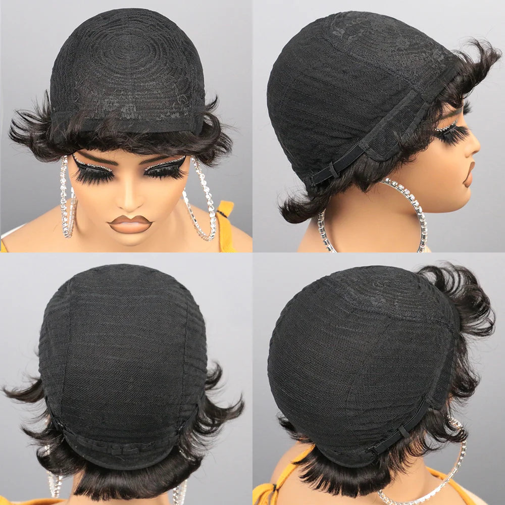 Short Bob Wig Human Hair for Black Women Pixie Cut wigs Human Hair Wig Glueless Wig None Lace Front Wig with Bangs Natural Black