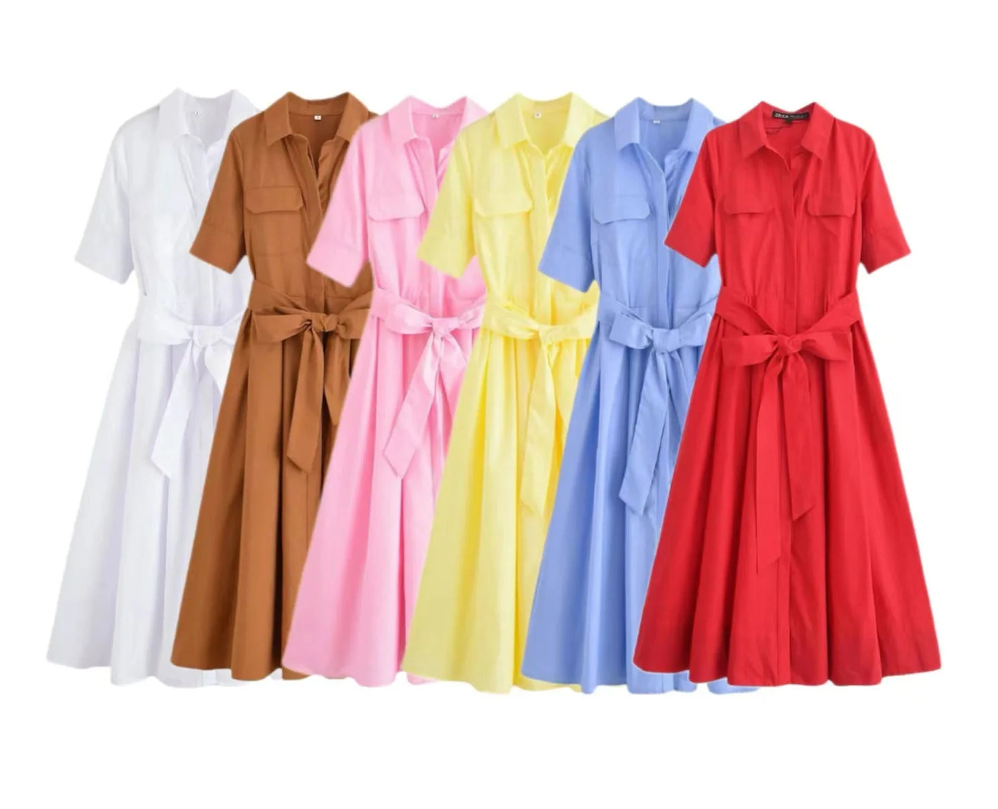 Lapel Casual Pockets Short Sleeve Shirt Dress for Women